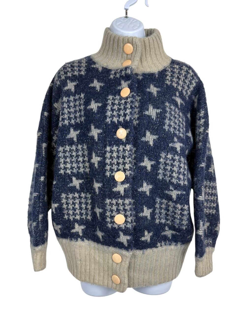 Saita Mohair Wool Cardigan Sweater S Blue Gray Fair Isle Nordic Button Chunky